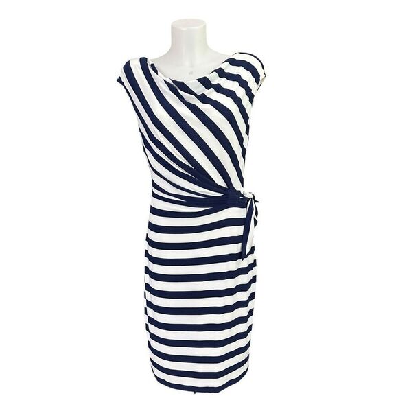 Ralph Lauren Navy White Striped Cap Sleeve Ruched Waist Drape Neck Dress sz‎ 12 - Picture 1 of 12